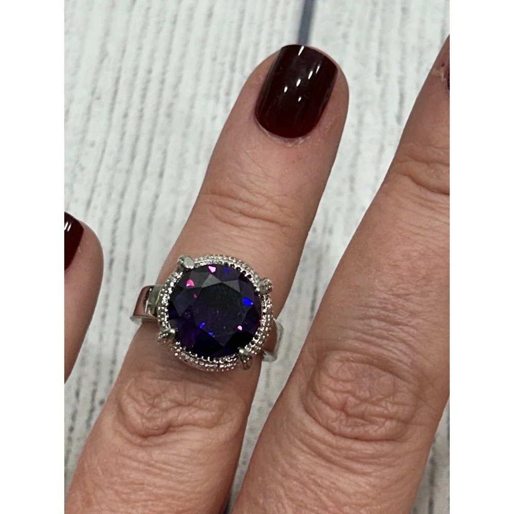 Silver Tone Halo Round Purple Alexandrite Ring Sz 7 CZ Accent Cocktail Statement